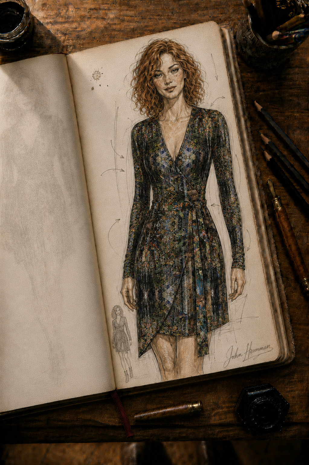 God Log Above-the-Knee Wrap Dress — designer Handbook front construction detail