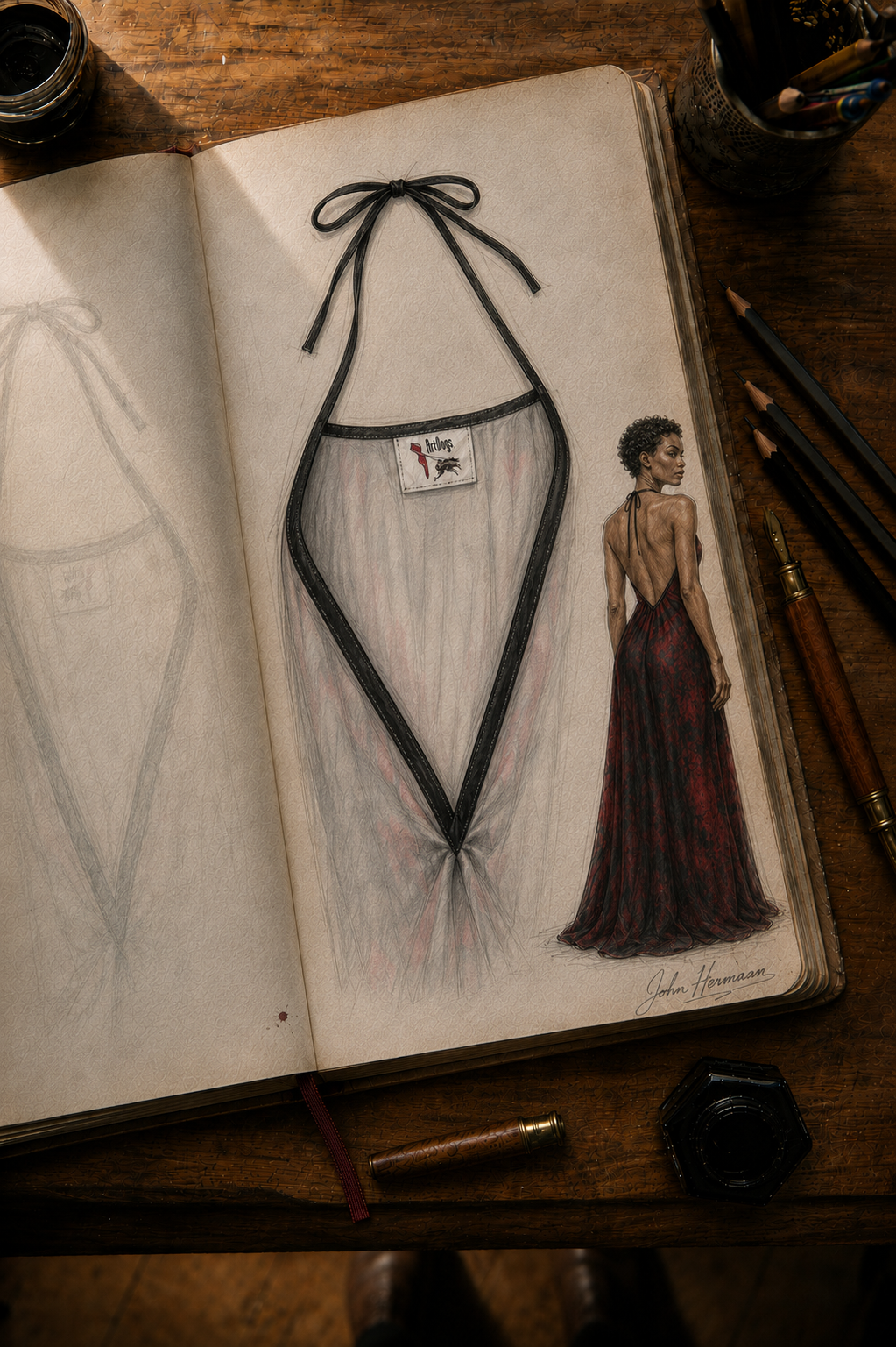 Love's Passion Halterneck Backless Dress designer storybook — interior label and halter-binding study