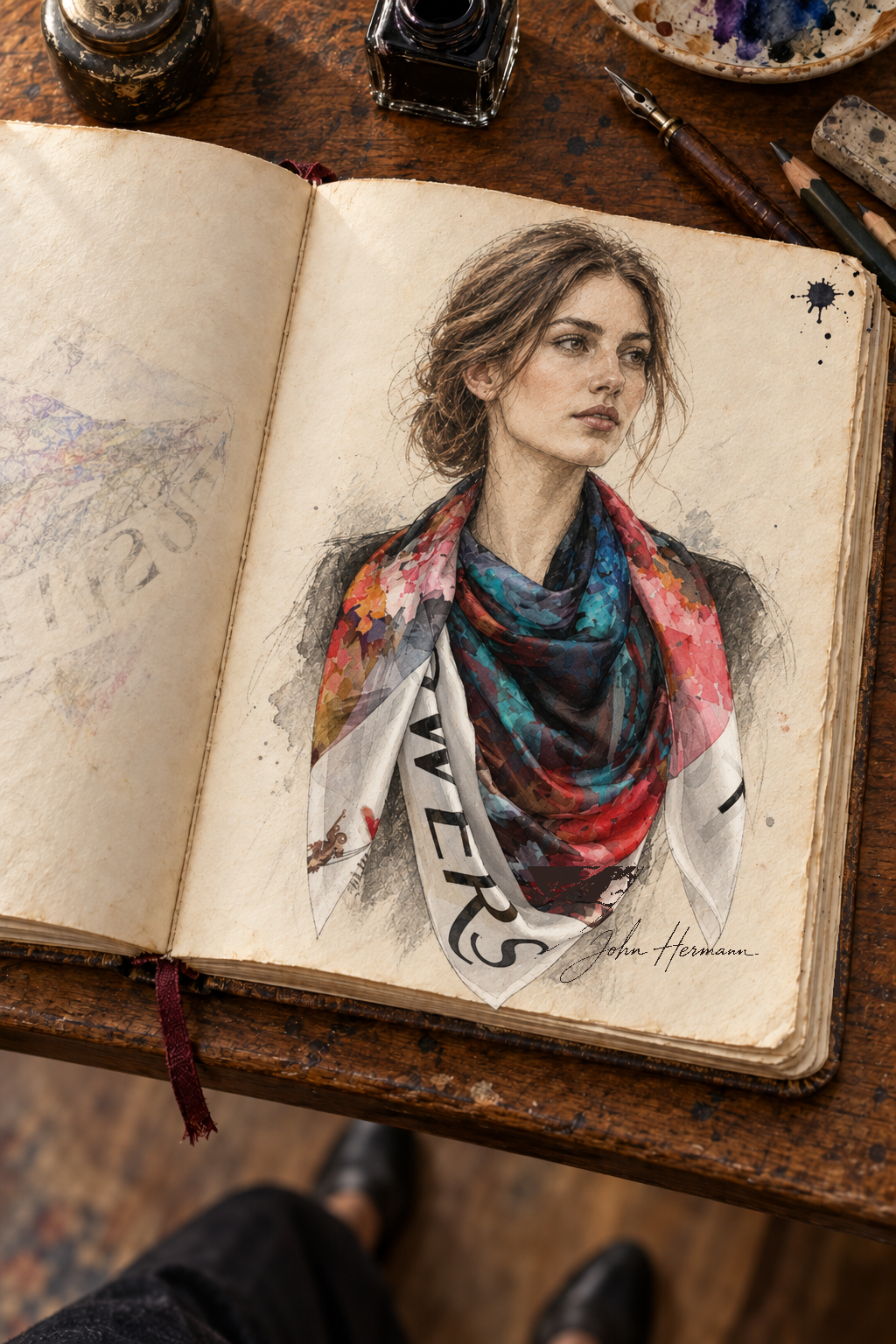 Too Many Flowers square scarf Handbook sketch — 50-inch styling