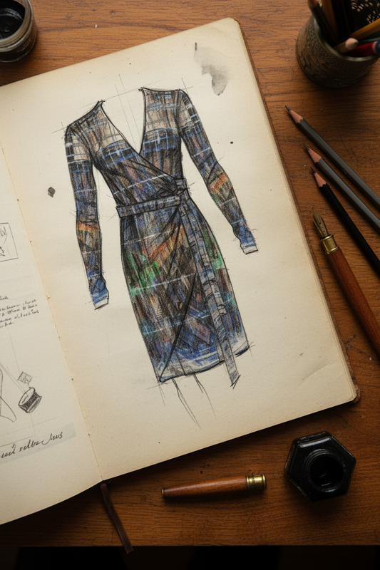 Artistic sketch of a plaid dress in a notebook with drawing tools on a wooden surface