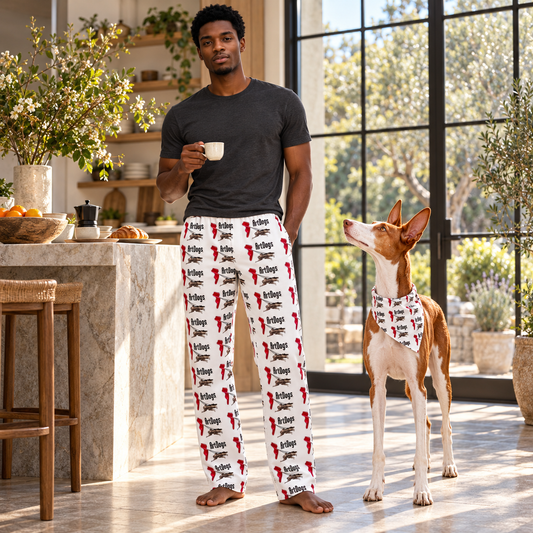 ArtDogs 1 Men's Pyjama Bottoms — man wearing the logo-print cotton trousers beside a red-and-white Ibizan Hound with a matching artwork bandana.