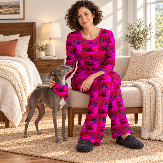 ArtDogs 2 Ladies Night Set — Conventional fashion photography — Full set with Italian Greyhound companion cover. Fuchsia and magenta panels with black ArtDogs wordmarks and running-hounds artwork; poly-elastane jersey.