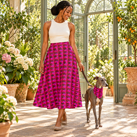 ArtDogs2 calf-length or below midi skirt — Conventional fashion photography — Owner and registered Italian Greyhound cover.
