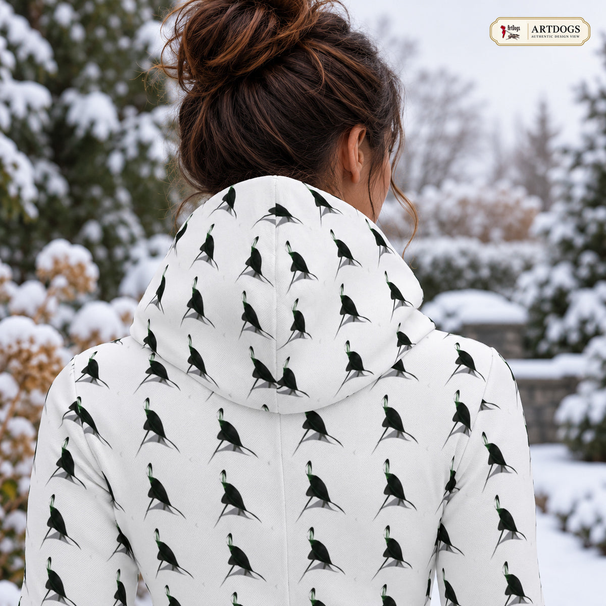 Spirit of the Age Above-the-Knee Hoodie Dress — Authentic Design View — exterior hood/back close-up
