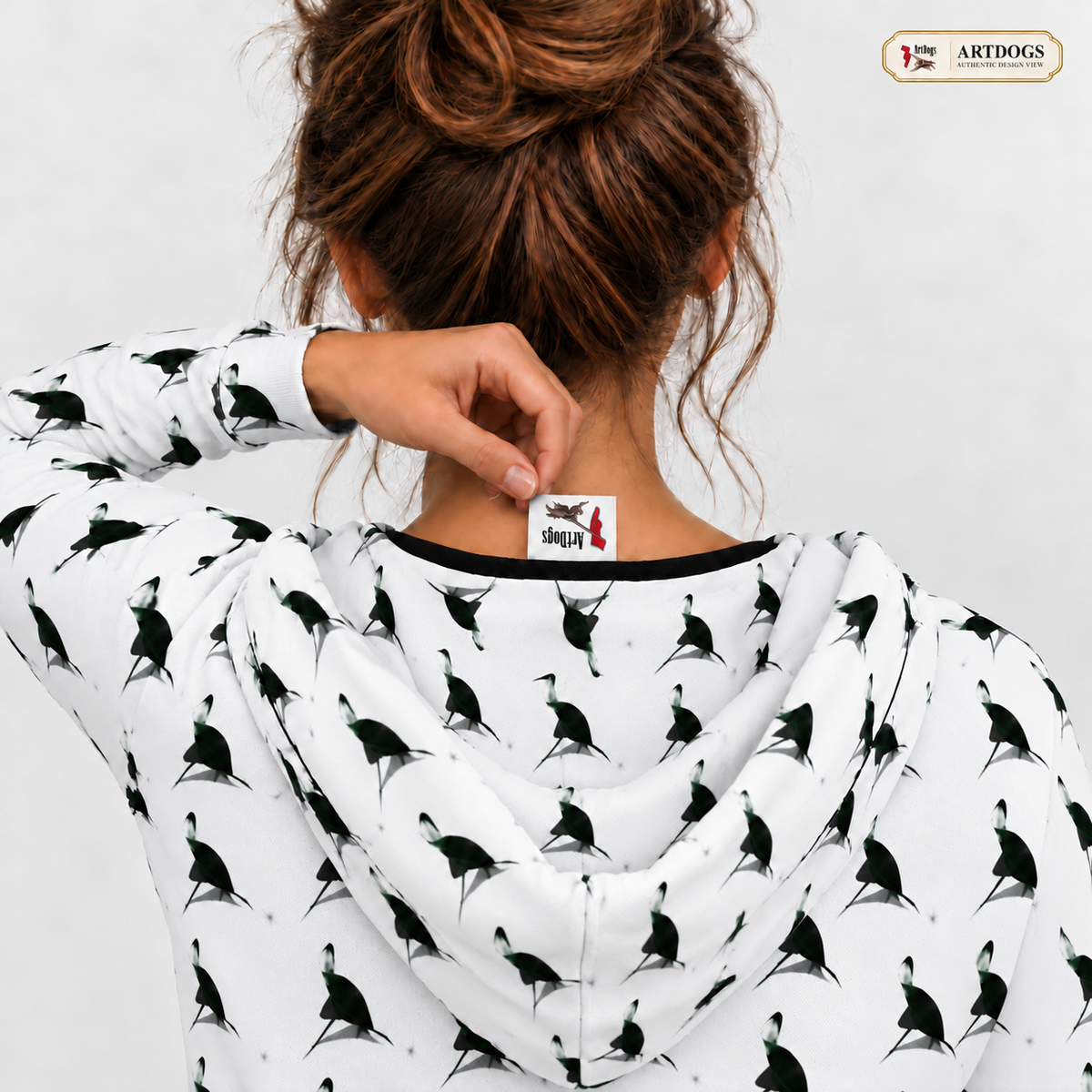 Spirit of the Age Above-the-Knee Hoodie Dress — Authentic Design View — approved printed interior hood and centered lifted label, S-P08-D
