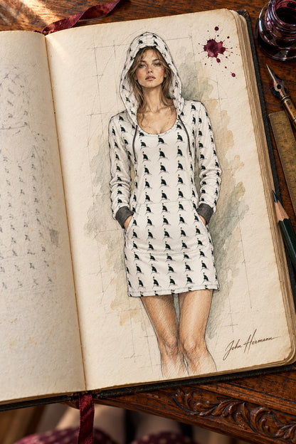 Spirit of the Age Above-the-Knee Hoodie Dress — Handbook — full front, hood up, hands in pouch