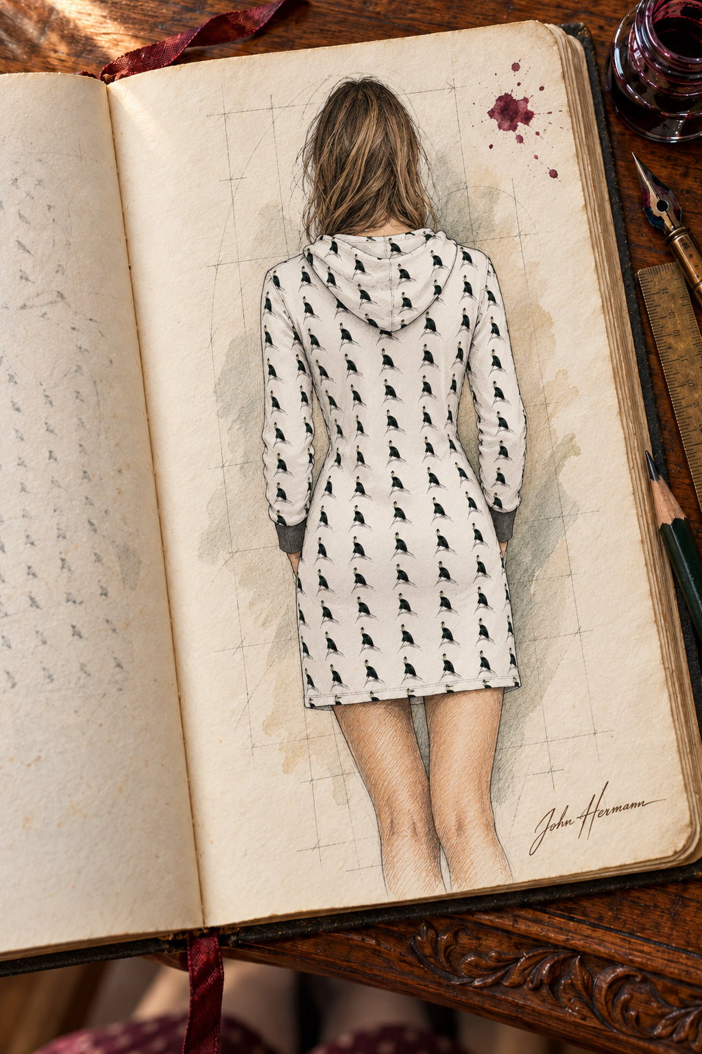 Spirit of the Age Above-the-Knee Hoodie Dress — Handbook — full back, hood down