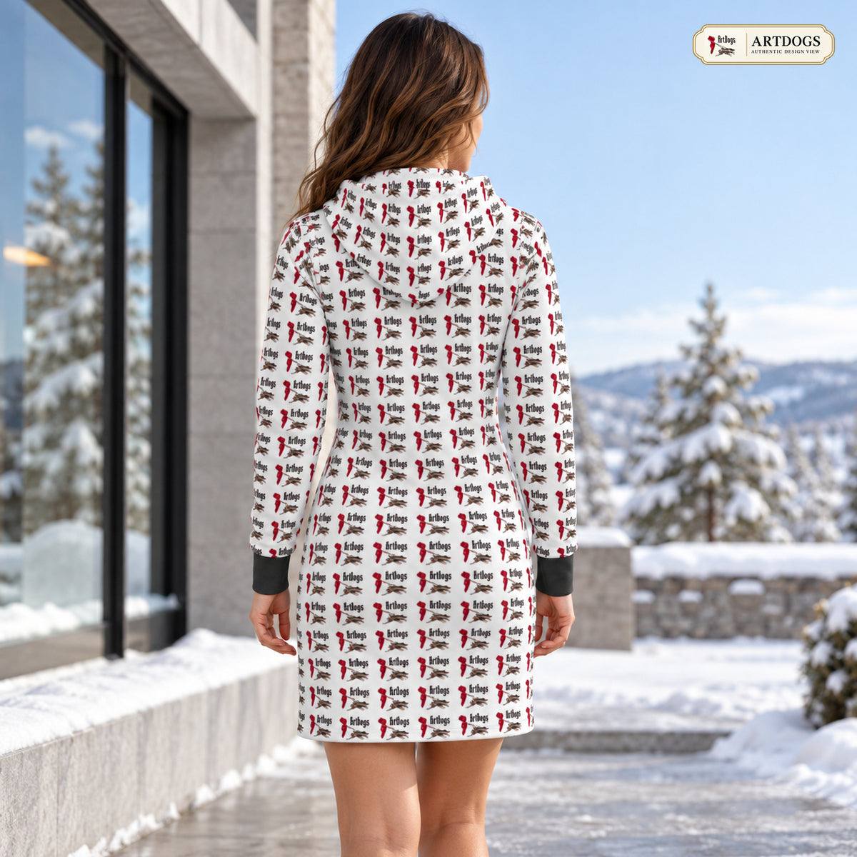 ArtDogs 1 Above the Knee Hoodie Dress — Authentic Design View — full back, hood down