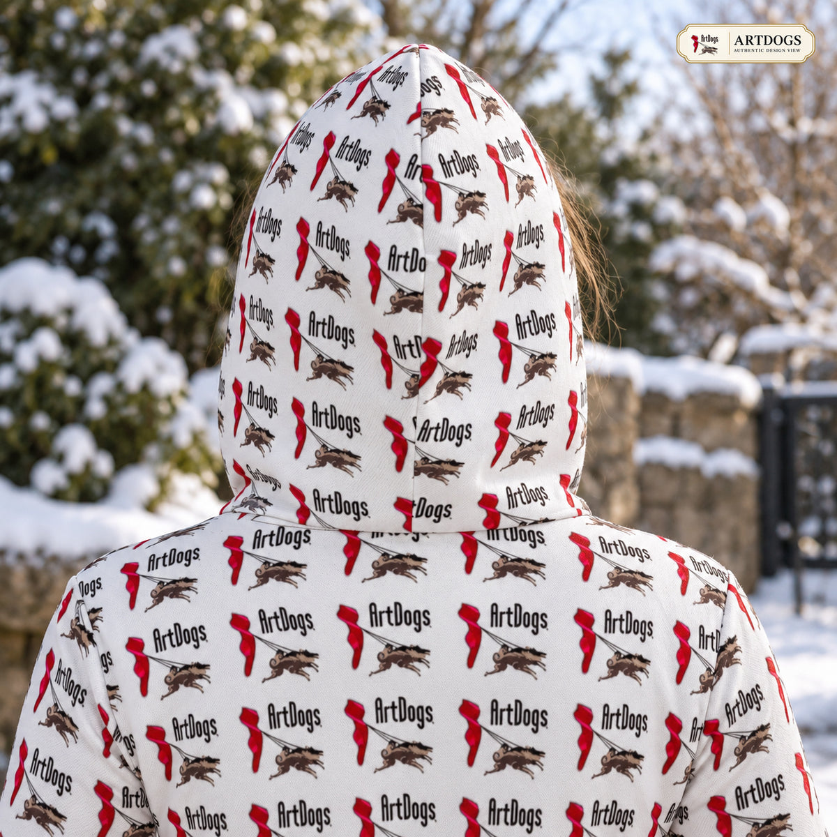 ArtDogs 1 Above the Knee Hoodie Dress — Authentic Design View — exterior hood/back close-up