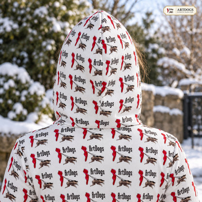ArtDogs 1 Above the Knee Hoodie Dress — Authentic Design View — exterior hood/back close-up