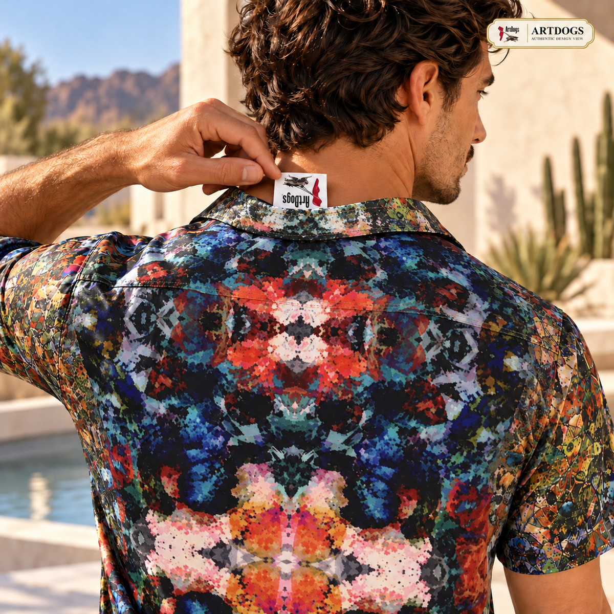 Desert Flowers Oasis Mens Short Sleeve Shirt — approved Authentic Design View — lifted center-back label, T04