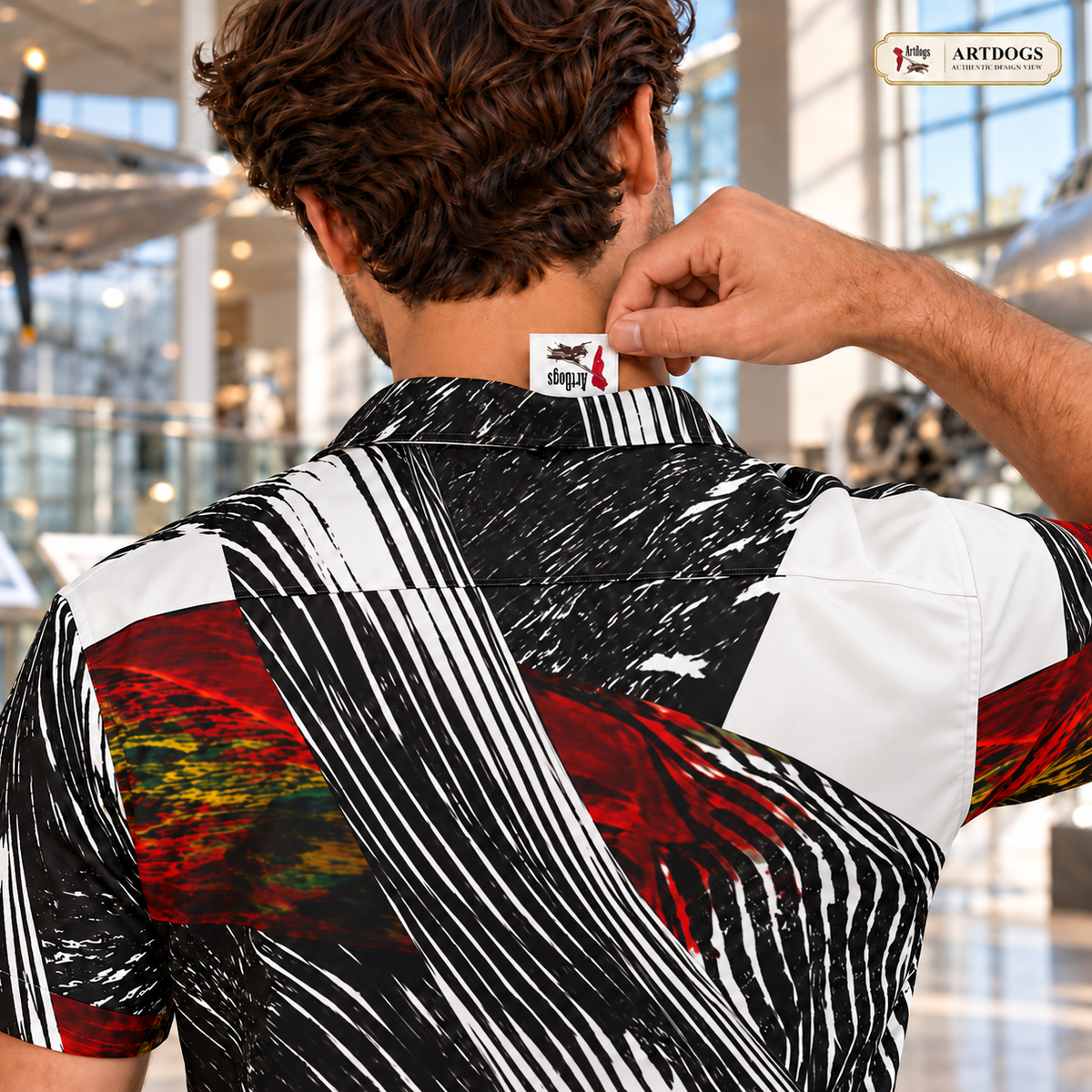 Spirit of Flight 1 Men's Short Sleeve Shirt — approved Authentic Design View — lifted center-back label, T05