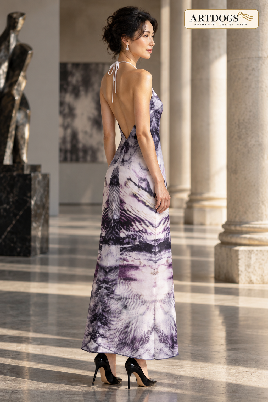 After Life halterneck backless dress Authentic Design View — modeled right in real silk satin