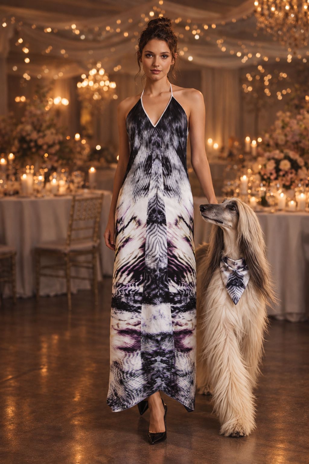 After Life halterneck backless dress fashion portrait with matching-artwork Afghan Hound companion