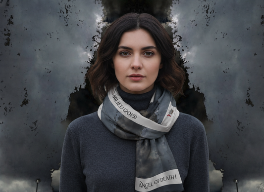 Angel of Death 1 square scarf on model — corrected image 03