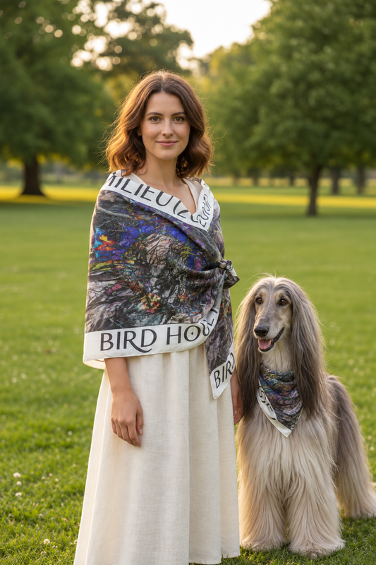 Bird House 1 square scarf with matching Afghan Hound bandana — garden fashion photograph