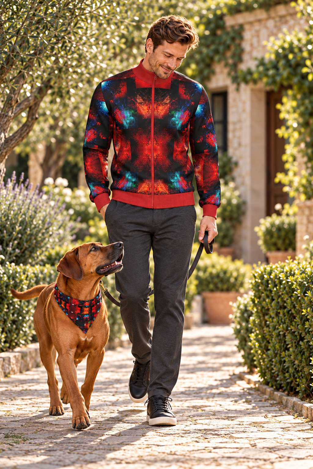 Body and Blood of Life Men's Tracksuit Jacket — fashion photography — dog companion, with adult Rhodesian Ridgeback wearing matching artwork bandana