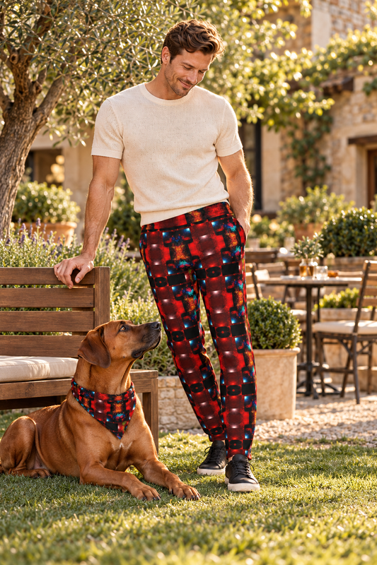 Body and Blood of Life Men’s Tracksuit Trousers — Fashion photography — dog companion resting