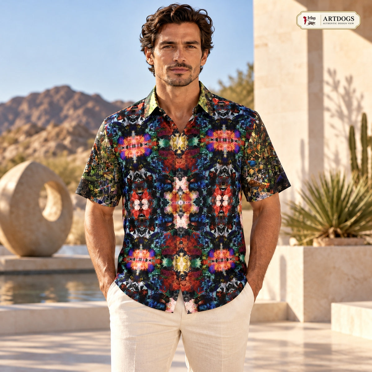 ARTDOGS Authentic Design View of Desert Flowers Oasis men's short sleeve shirt — straight full front