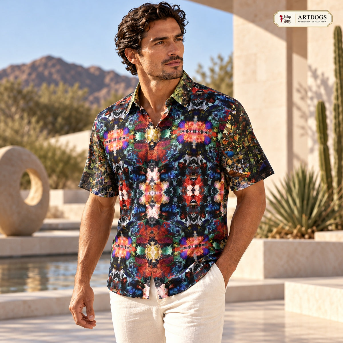 ARTDOGS Authentic Design View of Desert Flowers Oasis men's short sleeve shirt — alternate front