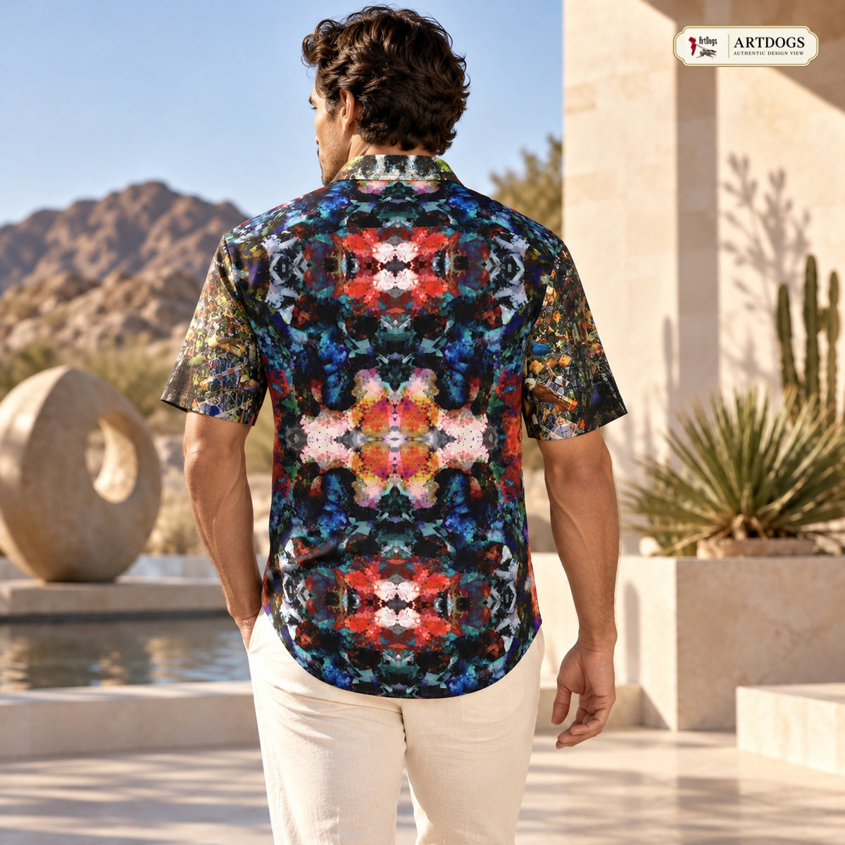 ARTDOGS Authentic Design View of Desert Flowers Oasis men's short sleeve shirt — full back
