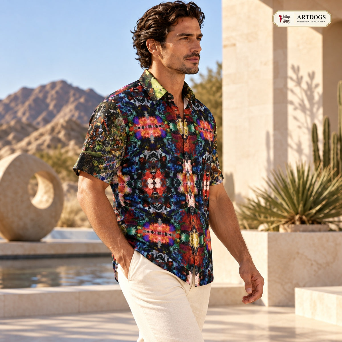 ARTDOGS Authentic Design View of Desert Flowers Oasis men's short sleeve shirt — right three-quarter profile