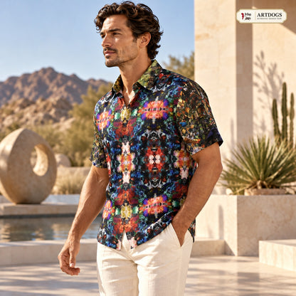 ARTDOGS Authentic Design View of Desert Flowers Oasis men's short sleeve shirt — left three-quarter profile