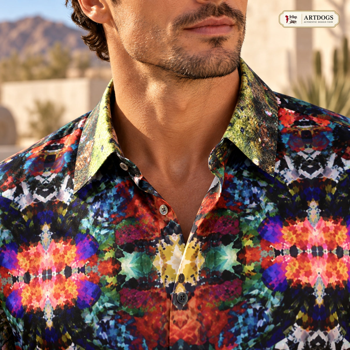 ARTDOGS Authentic Design View of Desert Flowers Oasis men's short sleeve shirt — worn collar and upper placket