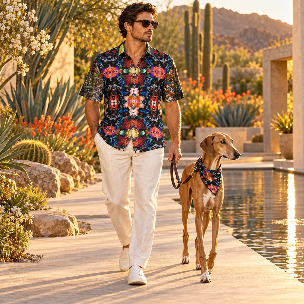 Man wearing Desert Flowers Oasis ArtDogs men's short sleeve shirt walking with an Azawakh in a matching bandana