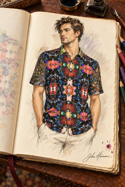 ArtDogs Handbook designer sketch of Desert Flowers Oasis men's short sleeve shirt — straight full front