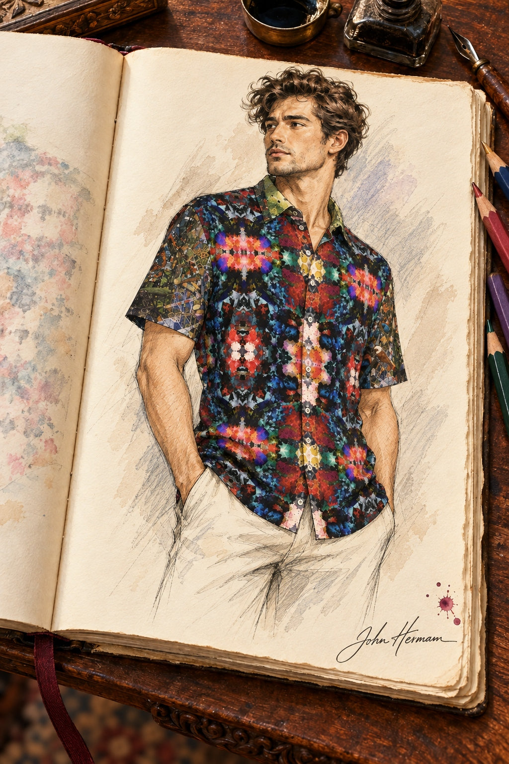 ArtDogs Handbook designer sketch of Desert Flowers Oasis men's short sleeve shirt — alternate front