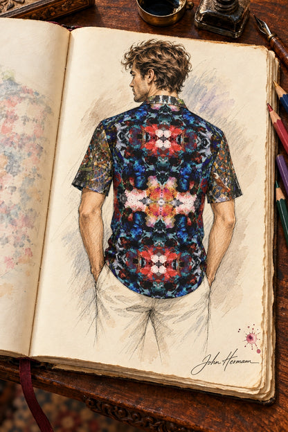 ArtDogs Handbook designer sketch of Desert Flowers Oasis men's short sleeve shirt — full back