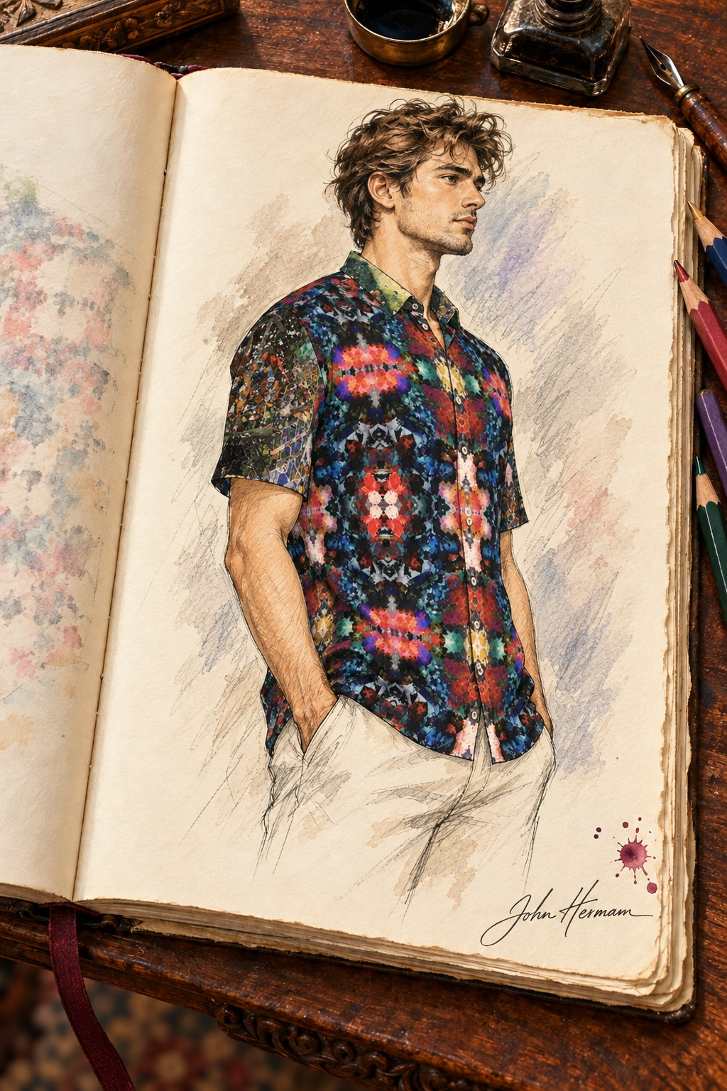 ArtDogs Handbook designer sketch of Desert Flowers Oasis men's short sleeve shirt — right three-quarter profile