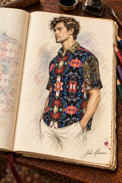 ArtDogs Handbook designer sketch of Desert Flowers Oasis men's short sleeve shirt — left three-quarter profile