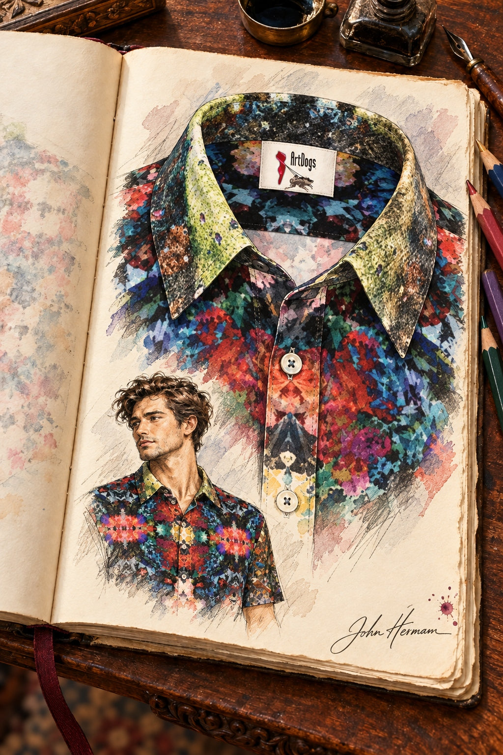 ArtDogs Handbook designer sketch of Desert Flowers Oasis men's short sleeve shirt — collar and upper-placket construction