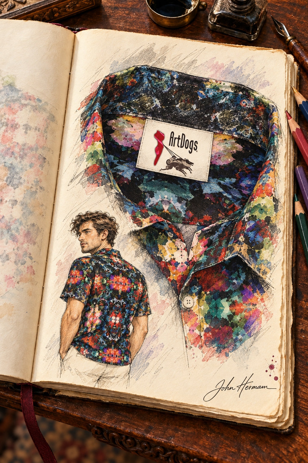 ArtDogs Handbook designer sketch of Desert Flowers Oasis men's short sleeve shirt — interior center-back label detail