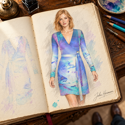 Ethereal Above-the-Knee Wrap Dress — hand-drawn designer Handbook, front full, above-knee length.