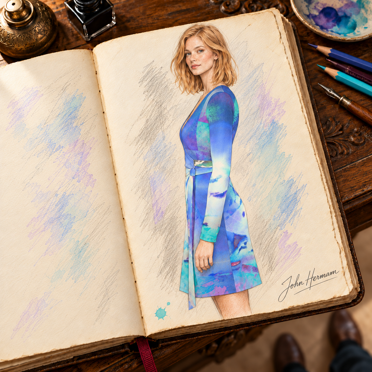 Ethereal Above-the-Knee Wrap Dress — hand-drawn designer Handbook, left profile, above-knee length.