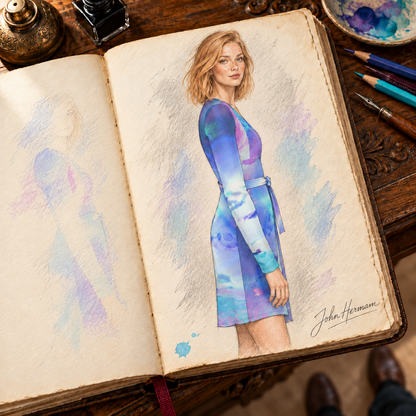 Ethereal Above-the-Knee Wrap Dress — hand-drawn designer Handbook, right profile, above-knee length.