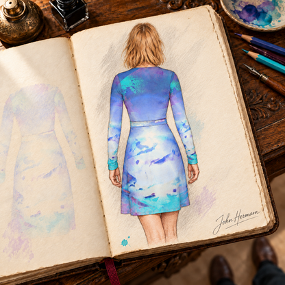 Ethereal Above-the-Knee Wrap Dress — hand-drawn designer Handbook, back full, above-knee length.