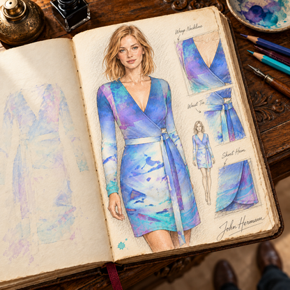 Ethereal Above-the-Knee Wrap Dress — hand-drawn designer Handbook, front wrap tie, above-knee length.