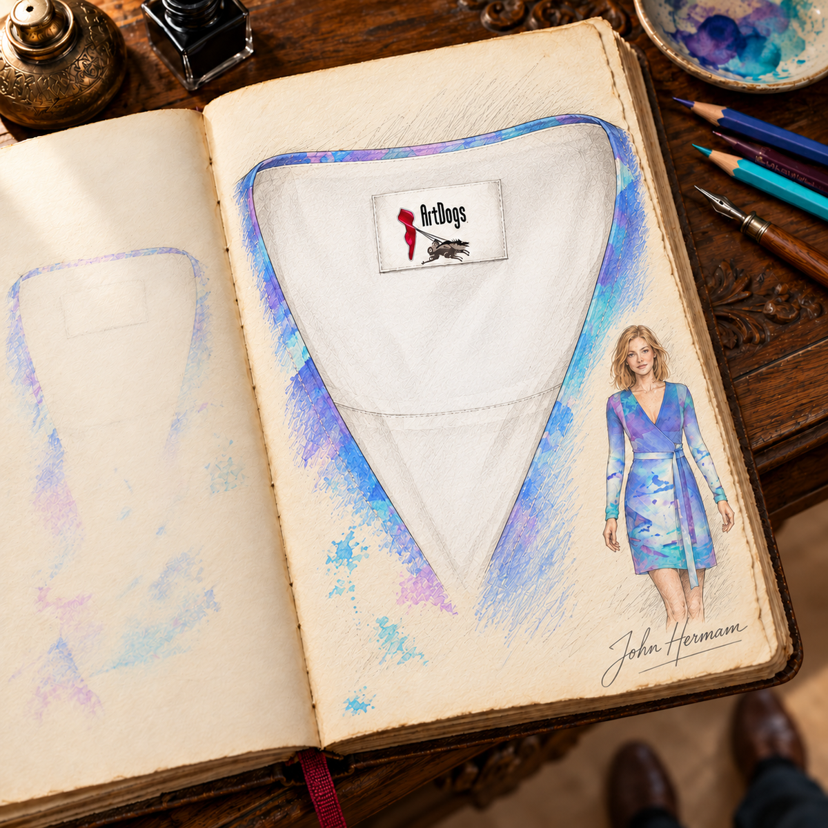 Ethereal Above-the-Knee Wrap Dress — hand-drawn designer Handbook, interior label, above-knee length.