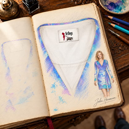 Ethereal Above-the-Knee Wrap Dress — hand-drawn designer Handbook, interior label, above-knee length.