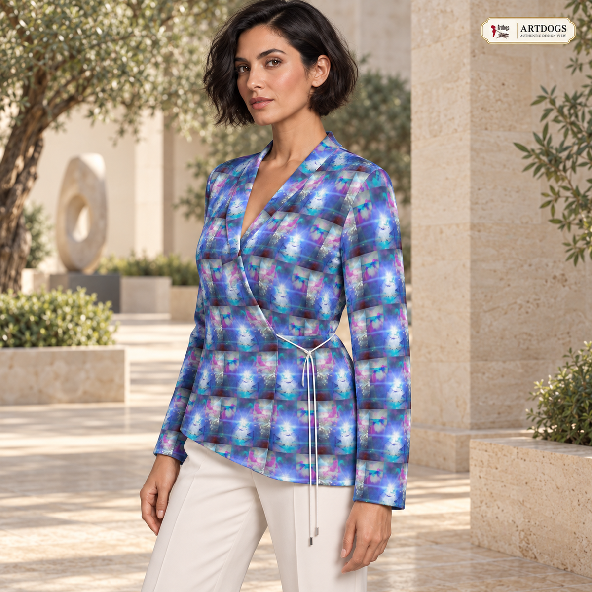 Ethereal Wrap Blazer — A02 Authentic Design View First three-quarter front/side — realistic surroundings