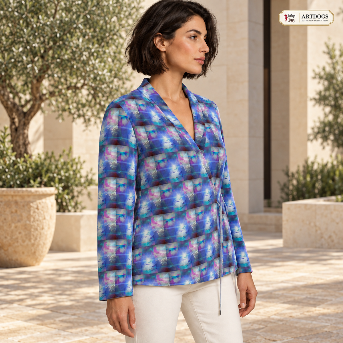 Ethereal Wrap Blazer — A03 Authentic Design View Opposite three-quarter front/side — realistic surroundings