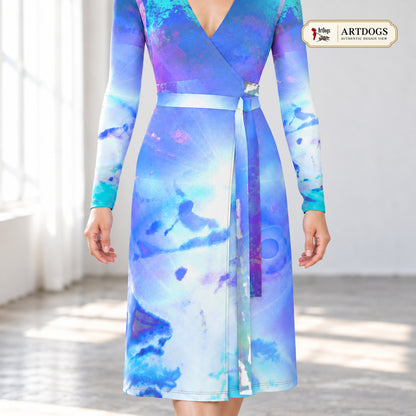 Ethereal Calf or Below length Long Wrap Dress — certified Authentic Design View, front wrap tie, calf-or-below length, Solange Silky Jersey 6.34 oz.