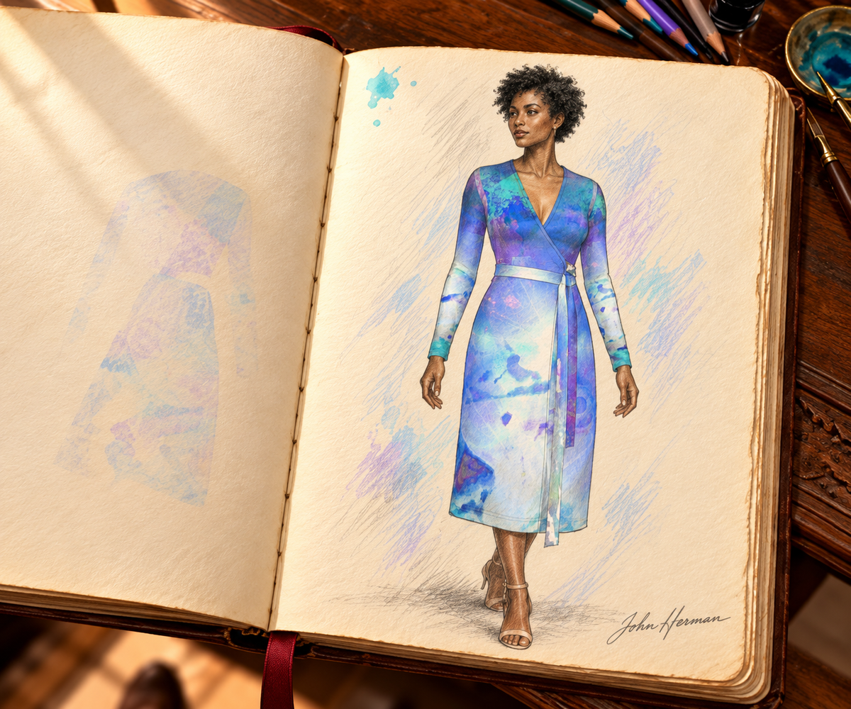 Ethereal Calf or Below length Long Wrap Dress — hand-drawn designer Handbook, front full, calf-or-below length.
