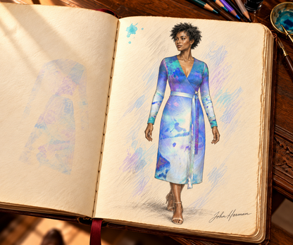 Ethereal Calf or Below length Long Wrap Dress — hand-drawn designer Handbook, front full, calf-or-below length.
