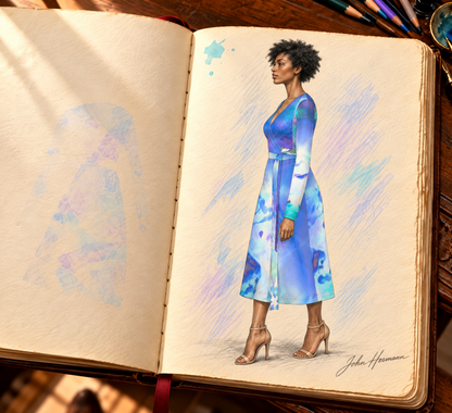 Ethereal Calf or Below length Long Wrap Dress — hand-drawn designer Handbook, left profile, calf-or-below length.