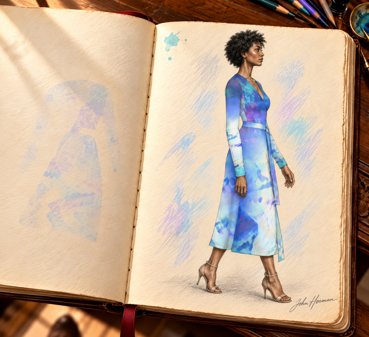 Ethereal Calf or Below length Long Wrap Dress — hand-drawn designer Handbook, right profile, calf-or-below length.